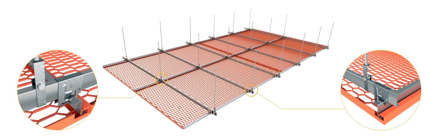 安装好的红色钢板网天花板俯视示意图，并且连接部分有两处放大展示图。